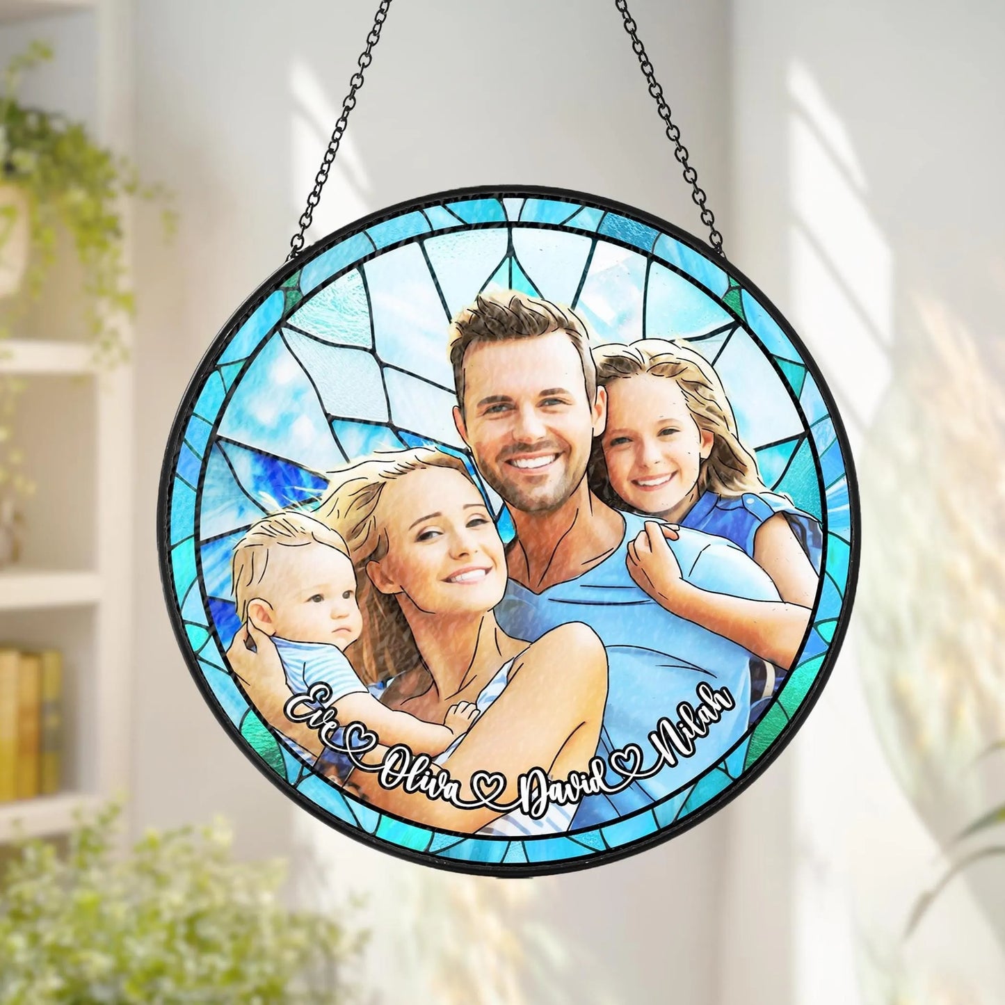 Netecom Personalized Family Photo Stained Glass Suncatcher – Custom Family Portrait Window Hanging Gift for Mom Dad Grandma Christmas Couple Portrait