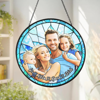 Netecom Personalized Family Photo Stained Glass Suncatcher – Custom Family Portrait Window Hanging Gift for Mom Dad Grandma Christmas Couple Portrait