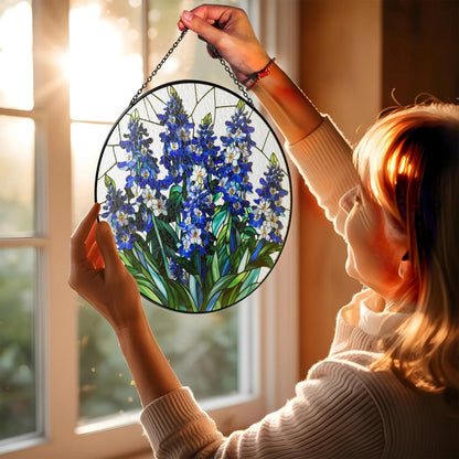 Netecom Blue Wildflower Stained Glass Suncatcher – Round Window Hanging Decor, Floral Sun Catcher Gift for Mom Grandma