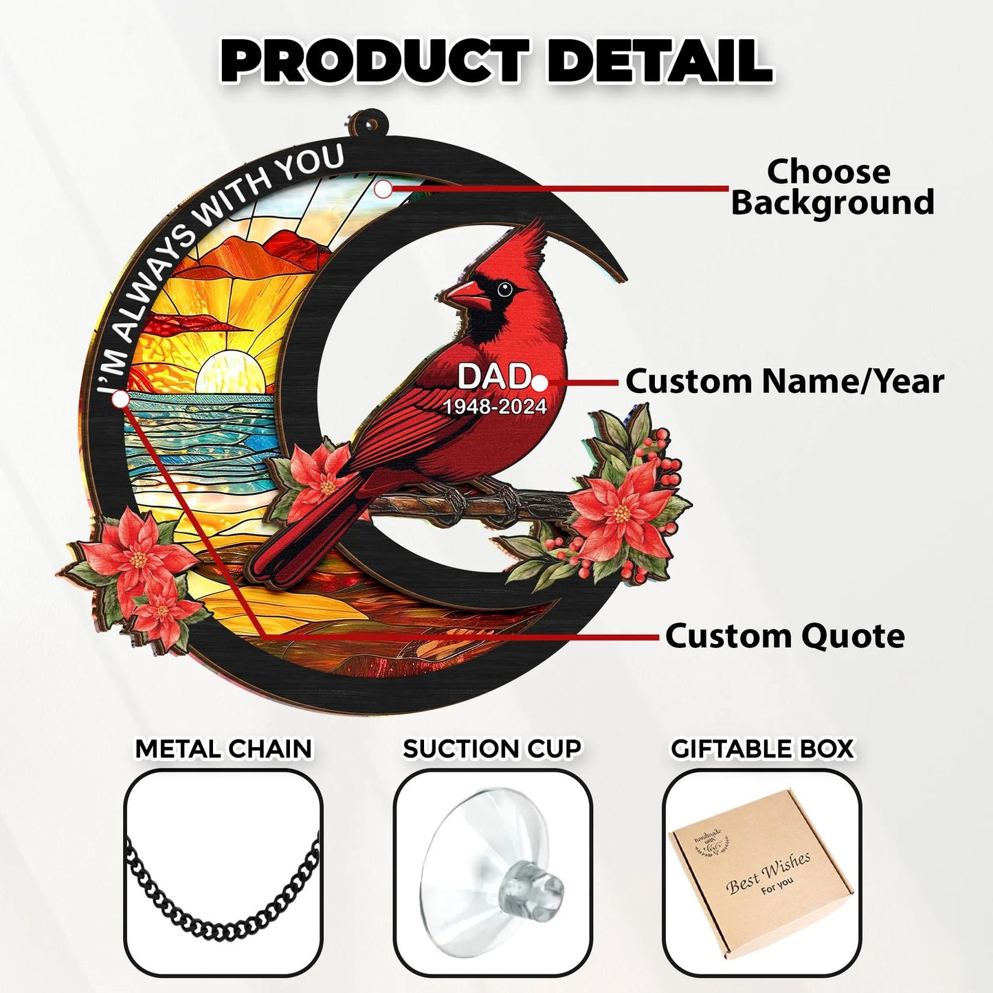 Netecom Personalized Cardinal Memorial Suncatcher – Loss of Dad Sympathy Gift, Father in Heaven Tribute