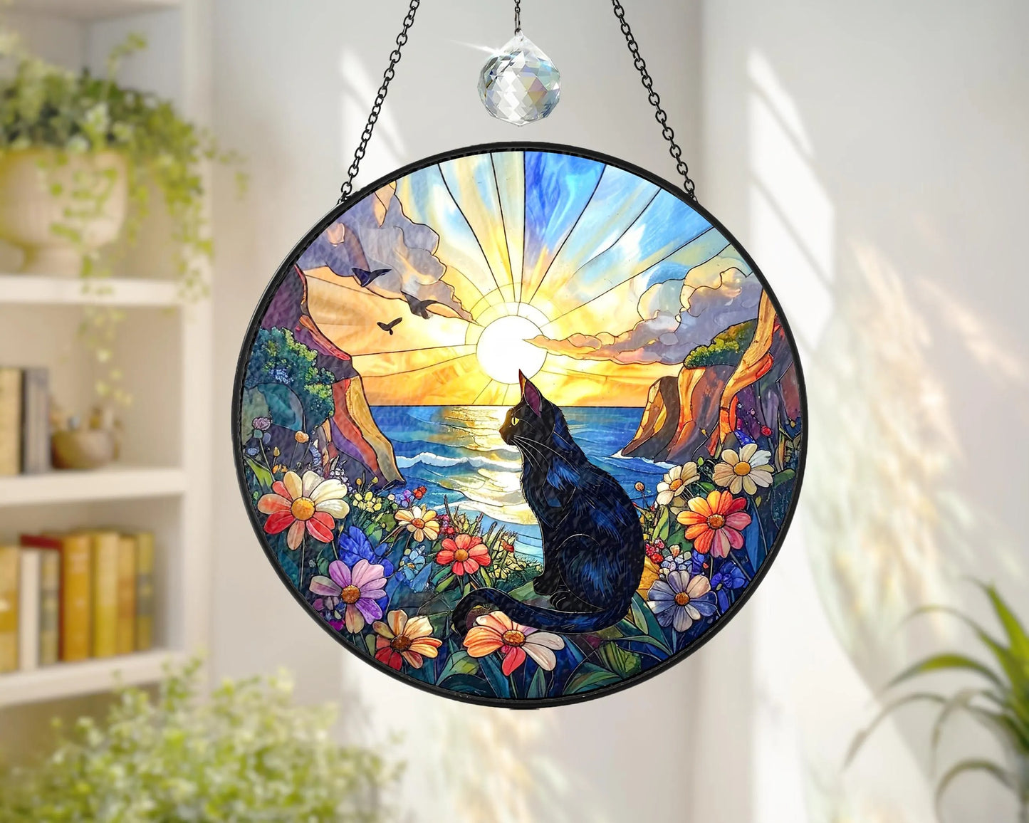 Netecom Memorial Stained Glass Suncatcher, Pet Loss Sympathy Gift, Flower Glass Art Window Hanging, Cat Lover Gift