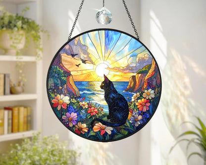 Netecom Memorial Stained Glass Suncatcher, Pet Loss Sympathy Gift, Flower Glass Art Window Hanging, Cat Lover Gift