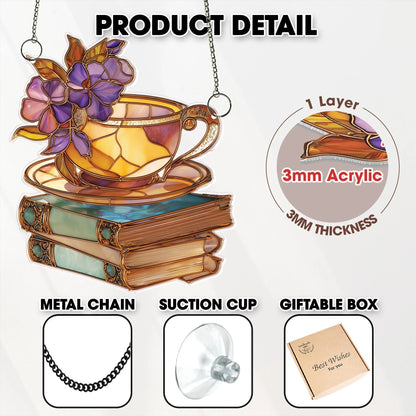 Netecom Floral Teacup & Books Acrylic Suncatcher – Magical Library Window Hanging, Book Lover Gift, Cozy Home Decor for Readers