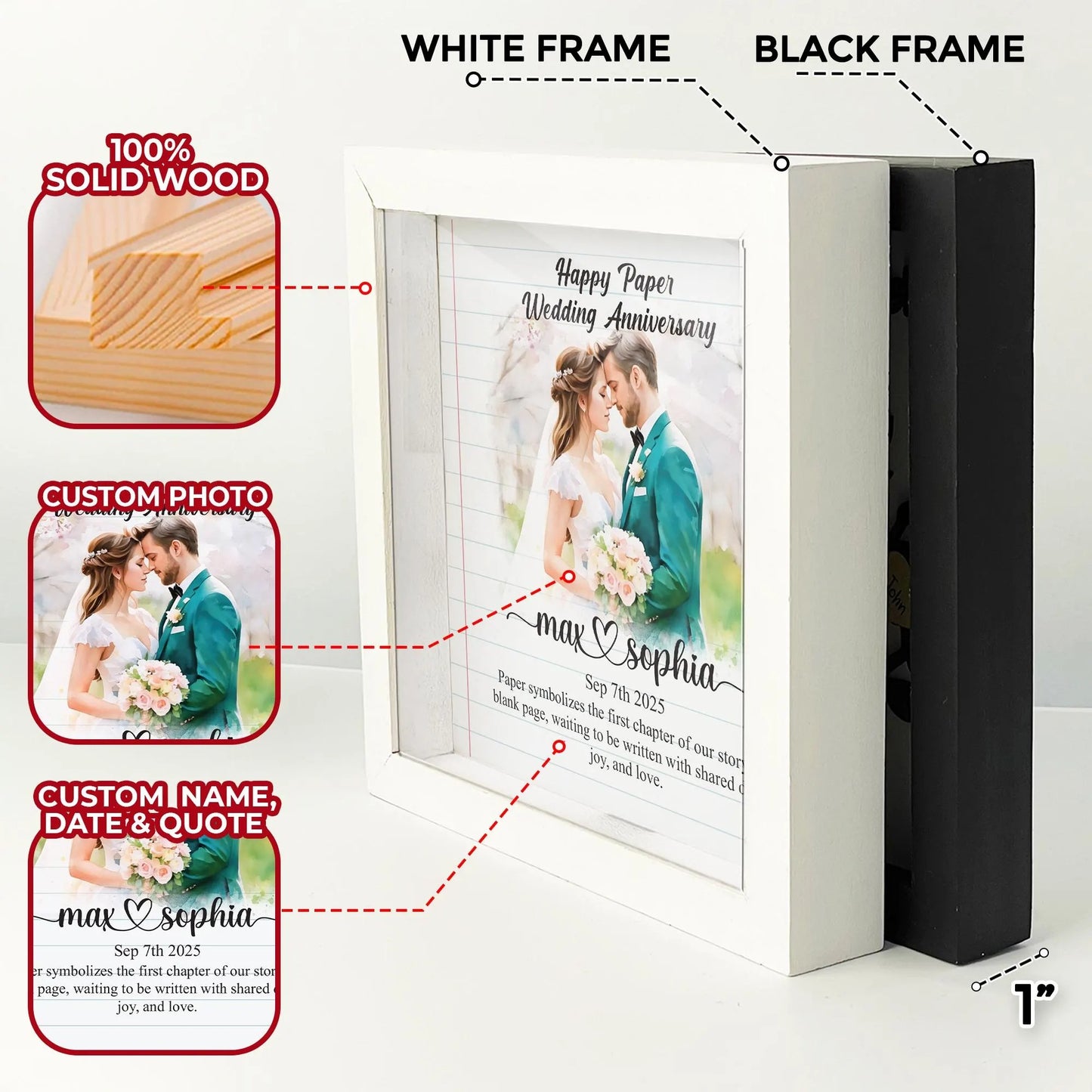 Netecom Personalized Paper Wedding Anniversary Frame, 1st Anniversary Gift for Wife or Husband, Custom Photo Wooden Frame with Names Date Quote, Traditional Paper Anniversary Keepsake
