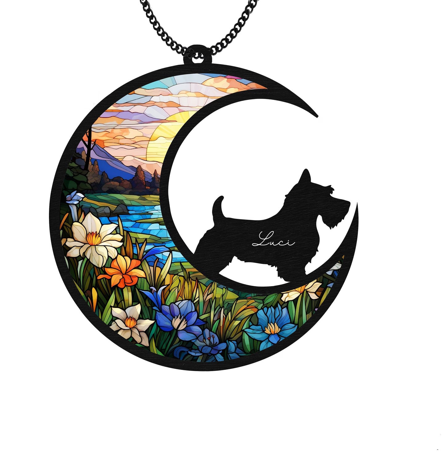 Netecom Personalized Scottish Terrier Memorial Suncatcher – Dog on Moon Light Catcher, Pet Loss Sympathy Gift, Custom Dog Remembrance Ornament, Car and Home Hanging