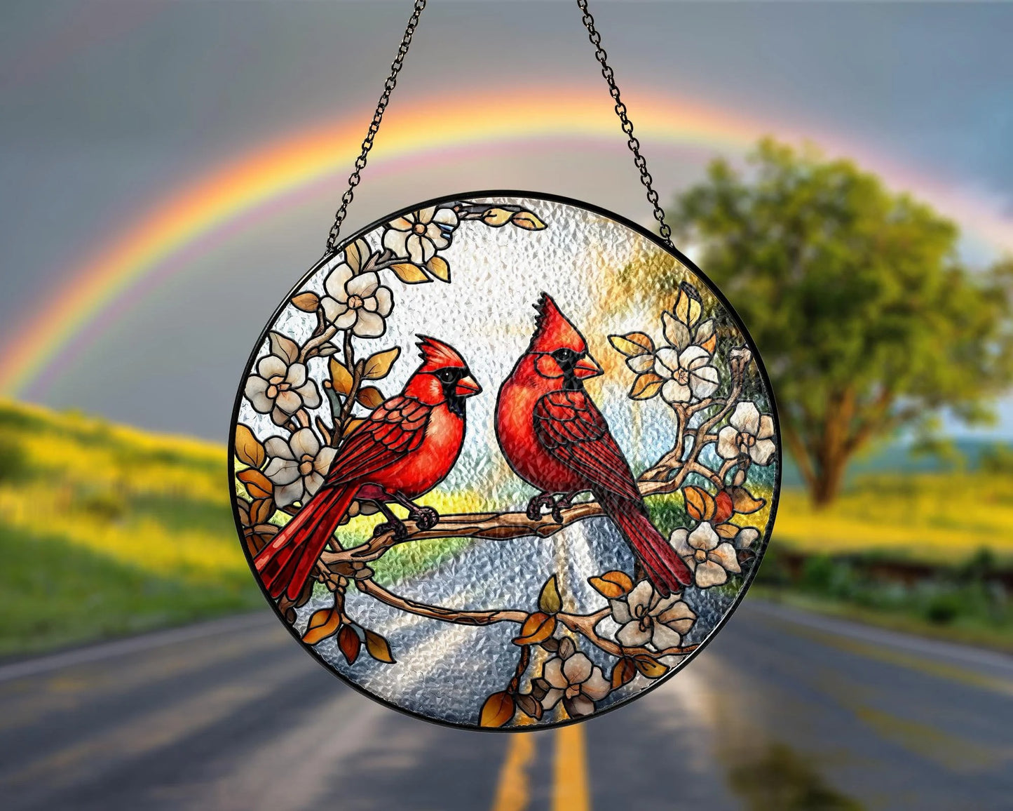 Netecom Red Cardinal Stained Glass Suncatcher – Floral Window Hanging, Cardinal Lover Gift, Anniversary Decoration, Nature-Inspired Glass Art