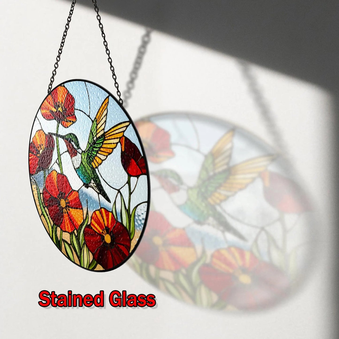 Netecom Hummingbird Poppy Flower Stained Glass Suncatcher – Bird Glass Art, Nature-Inspired Window Hanging, Gift for Hummingbird Lovers