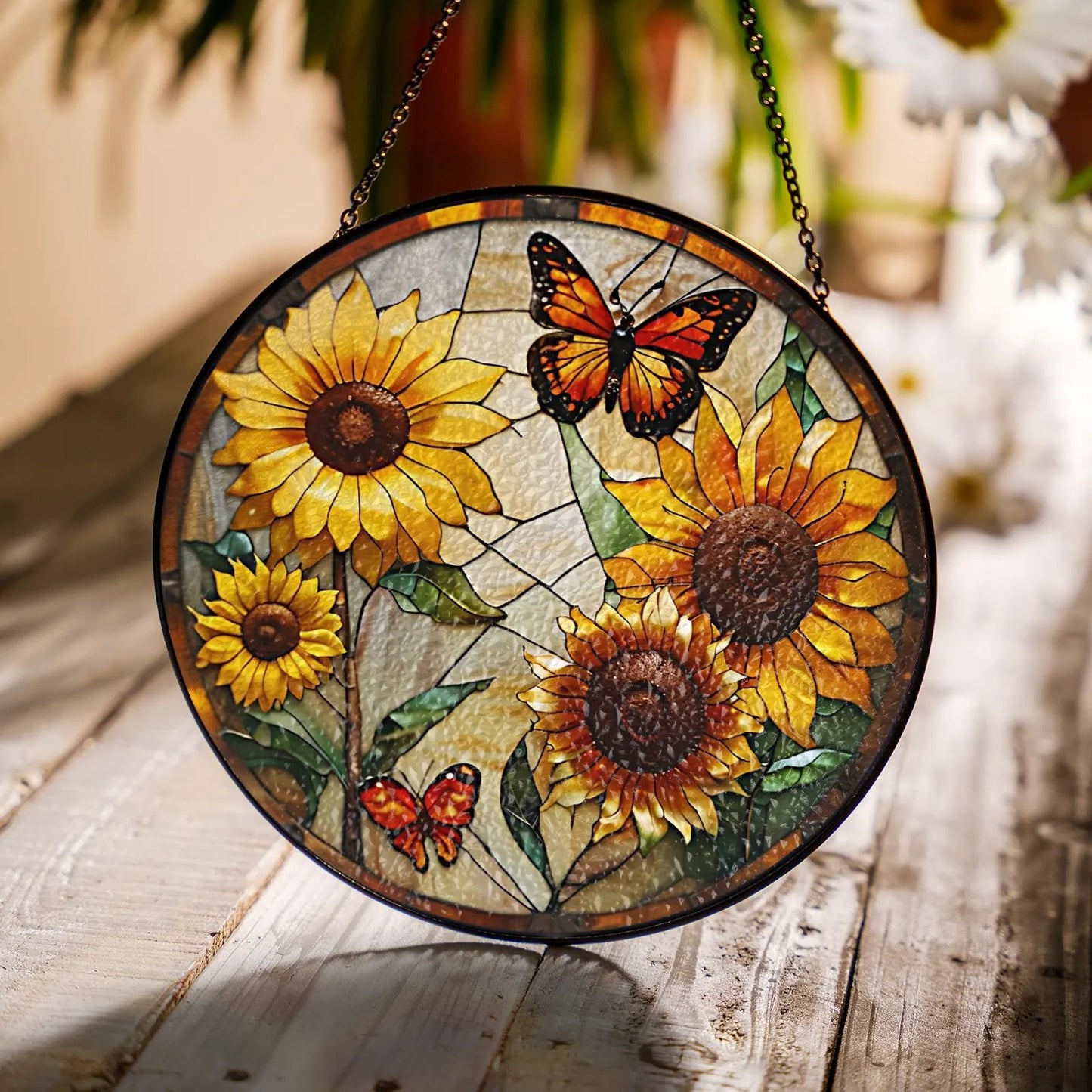 Netecom Monarch Butterflies & Sunflowers Stained Glass Suncatcher – Butterfly Window Hanging, Light Catcher Gift for Mom Grandma Women