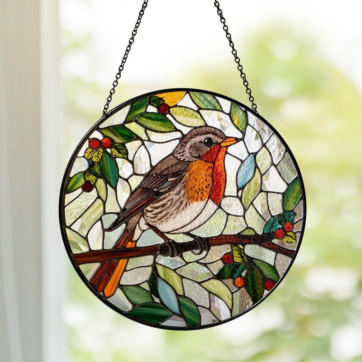 Netecom Robin Bird Stained Glass Suncatcher – Round Window Hanging Decor, Garden Lovers, Nature Bird Art Gift for Mom Grandma