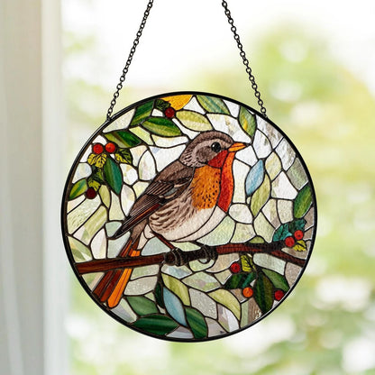 Netecom Robin Bird Stained Glass Suncatcher – Round Window Hanging Decor, Garden Lovers, Nature Bird Art Gift for Mom Grandma