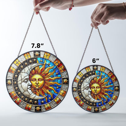 Netecom Celestial Sun & Moon Stained Glass Suncatcher Window Hanging, Night Sky Light Catcher, Starry Cosmic Home Decor Gift