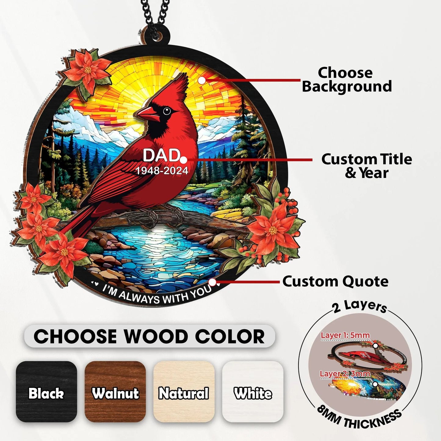 Netecom Personalized Cardinal Memorial Suncatcher – I’m Always With You Remembrance Gift for Loss of Mom Dad