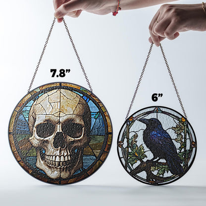 Netecom Gothic Skull Skeleton Stained Glass Suncatcher, Dark Romance Halloween Gift, Spooky Wedding Decor, Unique Anniversary Christmas Gift for Him and Her