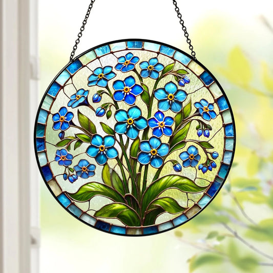 Netecom Forget-Me-Not Stained Glass Suncatcher – Blue Floral Window Hanging, Boho Nature-Inspired Art, Botanical Glass Ornament