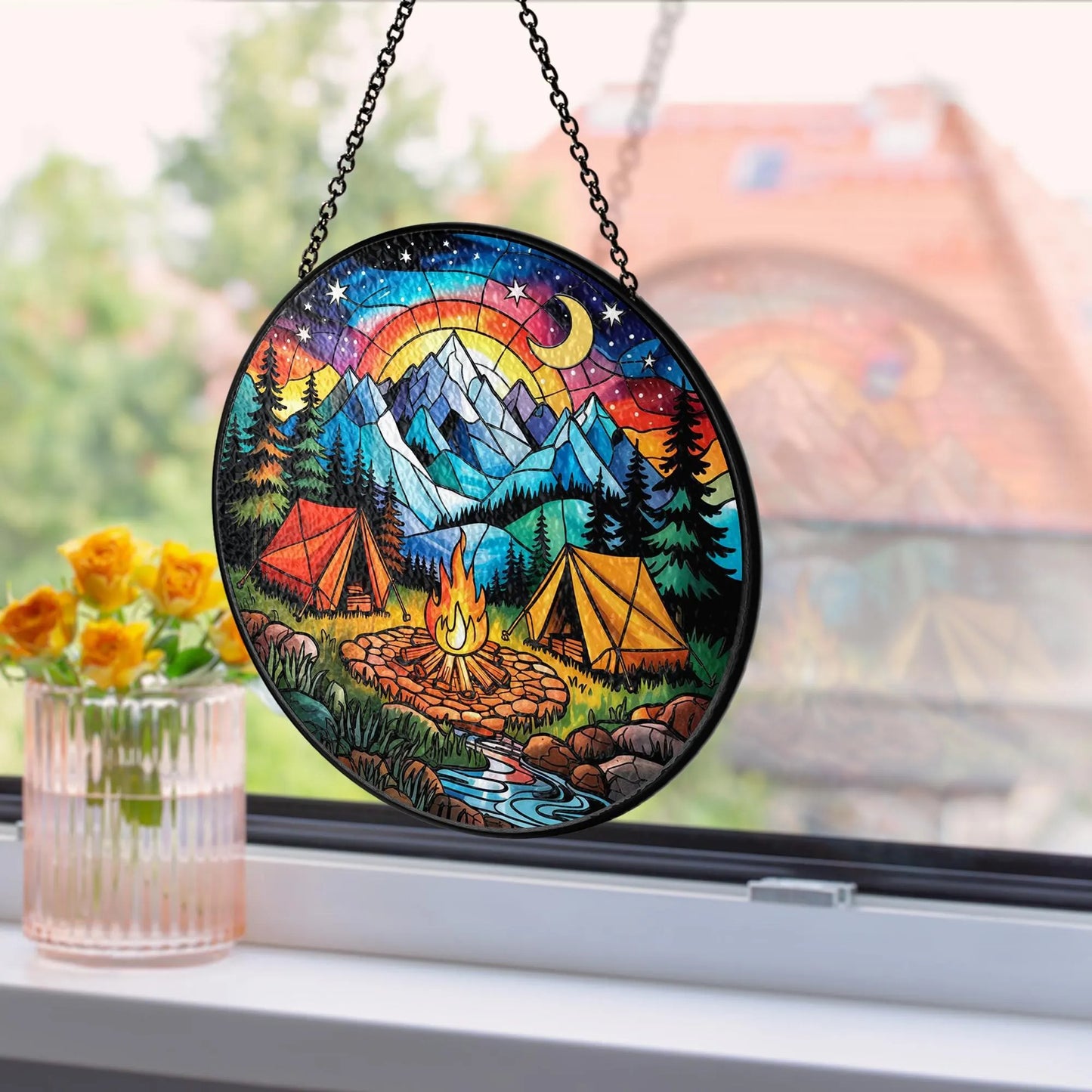 Netecom Starry Camp Fire Stained Glass Suncatcher - Adventure Begins, Seek Adventure, Camping & Travel Gift, Vacation Decor, Gift for Adventure Lovers