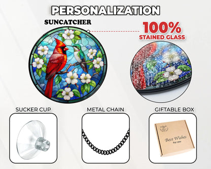 Netecom Cardinal Hummingbird Stained Glass Suncatcher – Window Hanging, Bird Lover Gift, Memorial Suncatcher, Elegant Home Decor, Memorial Gift for Women