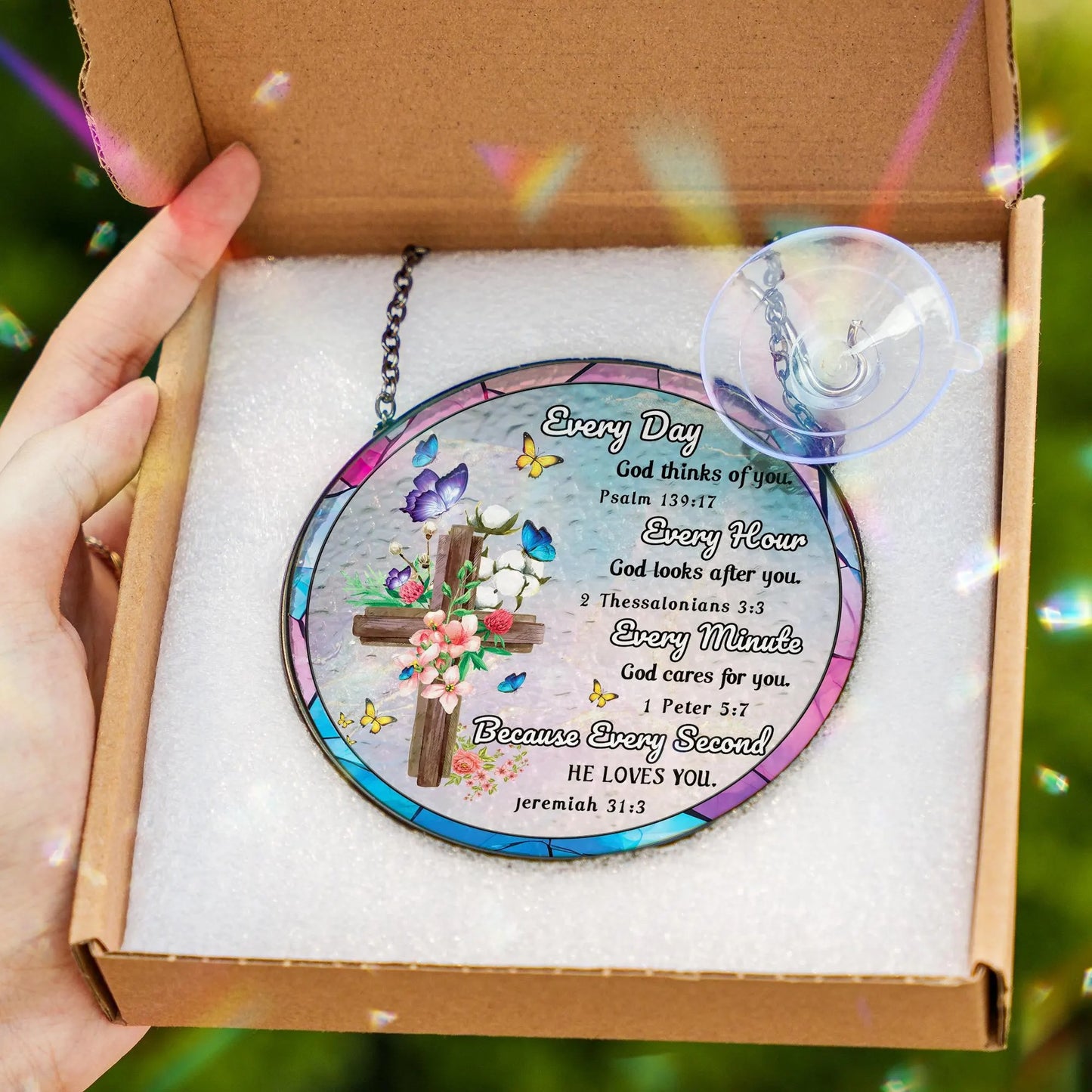 Netecom Christian Inspirational Stained Glass Suncatcher – Bible Verse Hanging Decor, Religious Gift for Women Mom Sister Friends