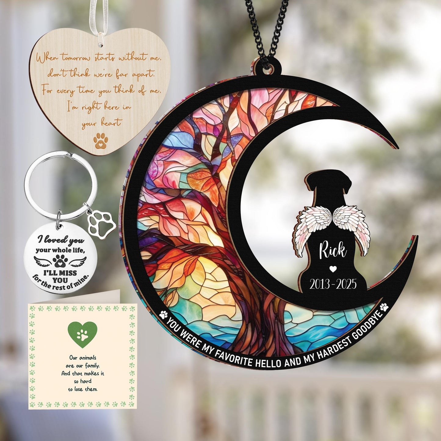 Netecom Labrador Retriever Dog Memorial Suncatcher Gift – Personalized Pet Loss Ornament, Bereavement Keychain & Sympathy Card Remembrance Set
