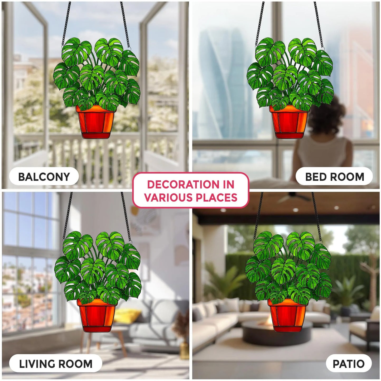 Netecom Monstera Leaves Acrylic Suncatcher – Faux Stained Glass Window Hanging Decor, Plant Lover Gift, Monstera Home, Garden Decor for Men Women