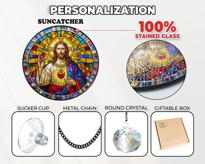 Netecom Christian Sacred Heart Stained Glass Art Jesus Window Decor Religious Suncatcher Gift Christmas Ornament