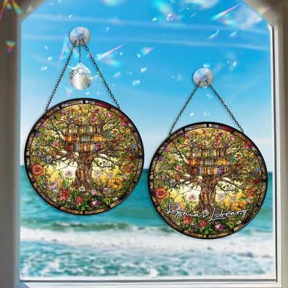 Netecom Flowers Book Stained Glass Suncatcher – Library Books Window Hanging, Bookish Home Decor, Gift for Book Lovers, Tree of Knowledge Ornament