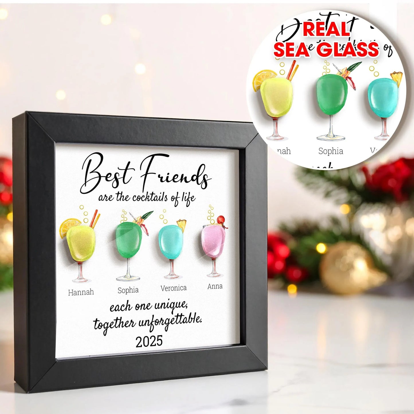 Netecom Personalized Sea Glass Friendship Frame, Best Friend Keepsake Gift, Cocktail Art for Besties, Soul Sister Decor