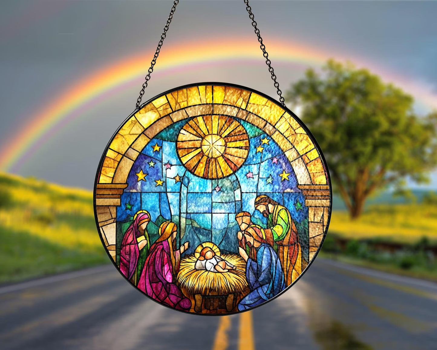 Netecom O Holy Night Window Hanging – Nativity Religious Ornament, Jesus Stained Glass Christmas Decor, Catholic Christmas Gift