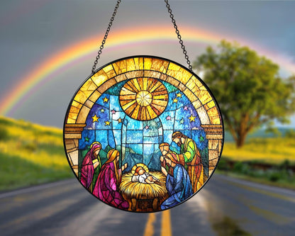 Netecom O Holy Night Window Hanging – Nativity Religious Ornament, Jesus Stained Glass Christmas Decor, Catholic Christmas Gift