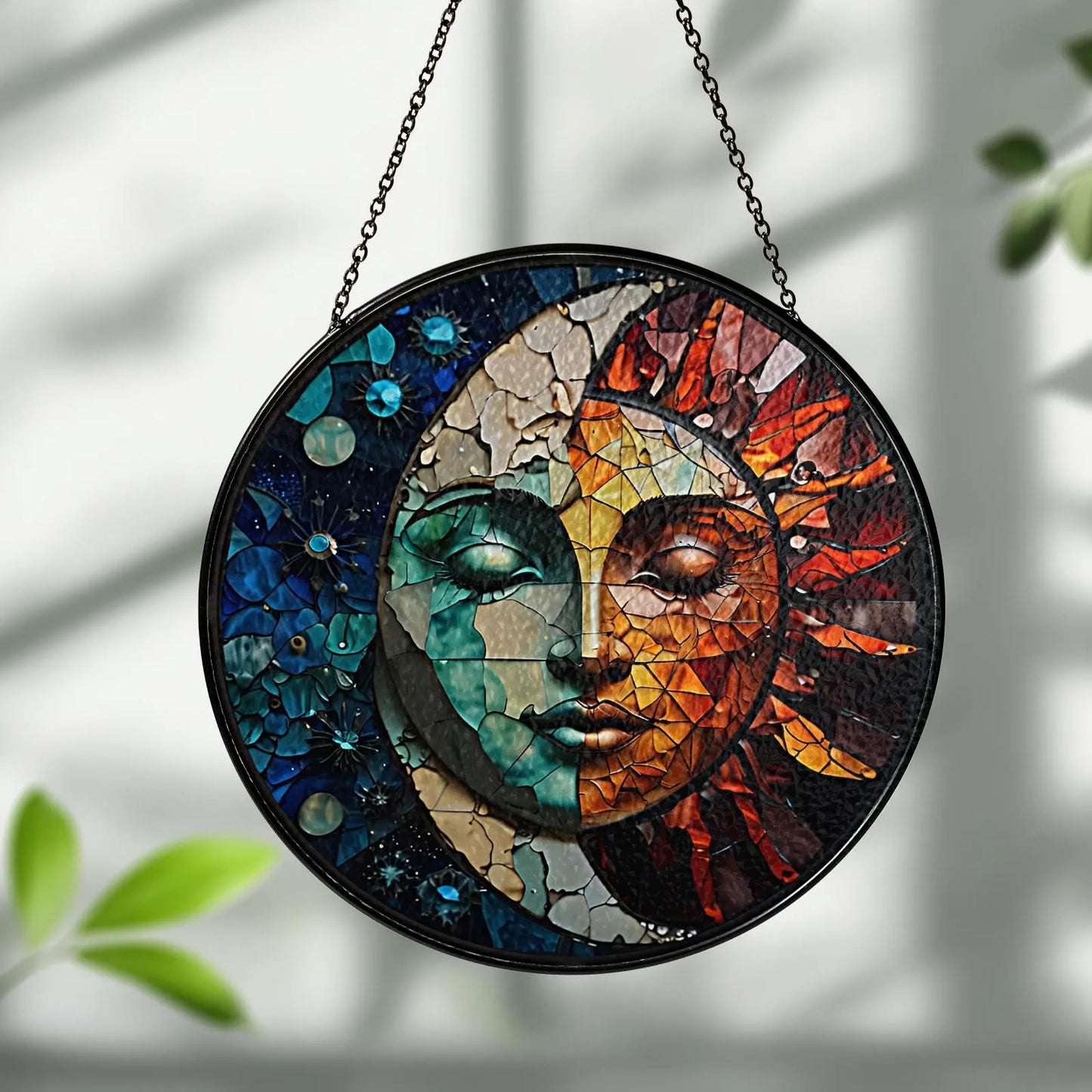 Netecom Celestial Sun and Moon Stained Glass Suncatcher – Astrology Window Hanging, Cosmic Nature Art, Christmas Gift for Friends and Home Decor Lovers