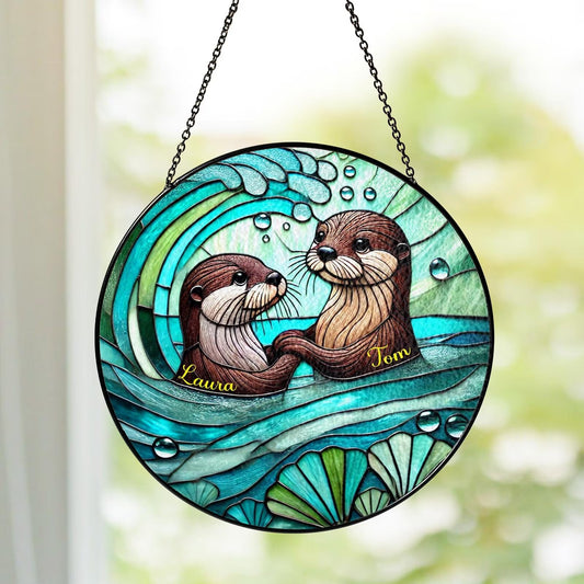 Netecom Otter Couple Stained Glass Suncatcher – Romantic Otter Lover Gift, Love Window Hanging, Anniversary and Valentine Gift for Husband Wife