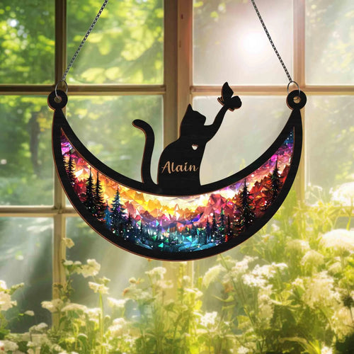Netecom Personalized Cat Memorial Suncatcher – Couple Cat on Moon, Pet Loss Gift, Dog and Cat Remembrance, Custom Pet Memorial Window Hanging