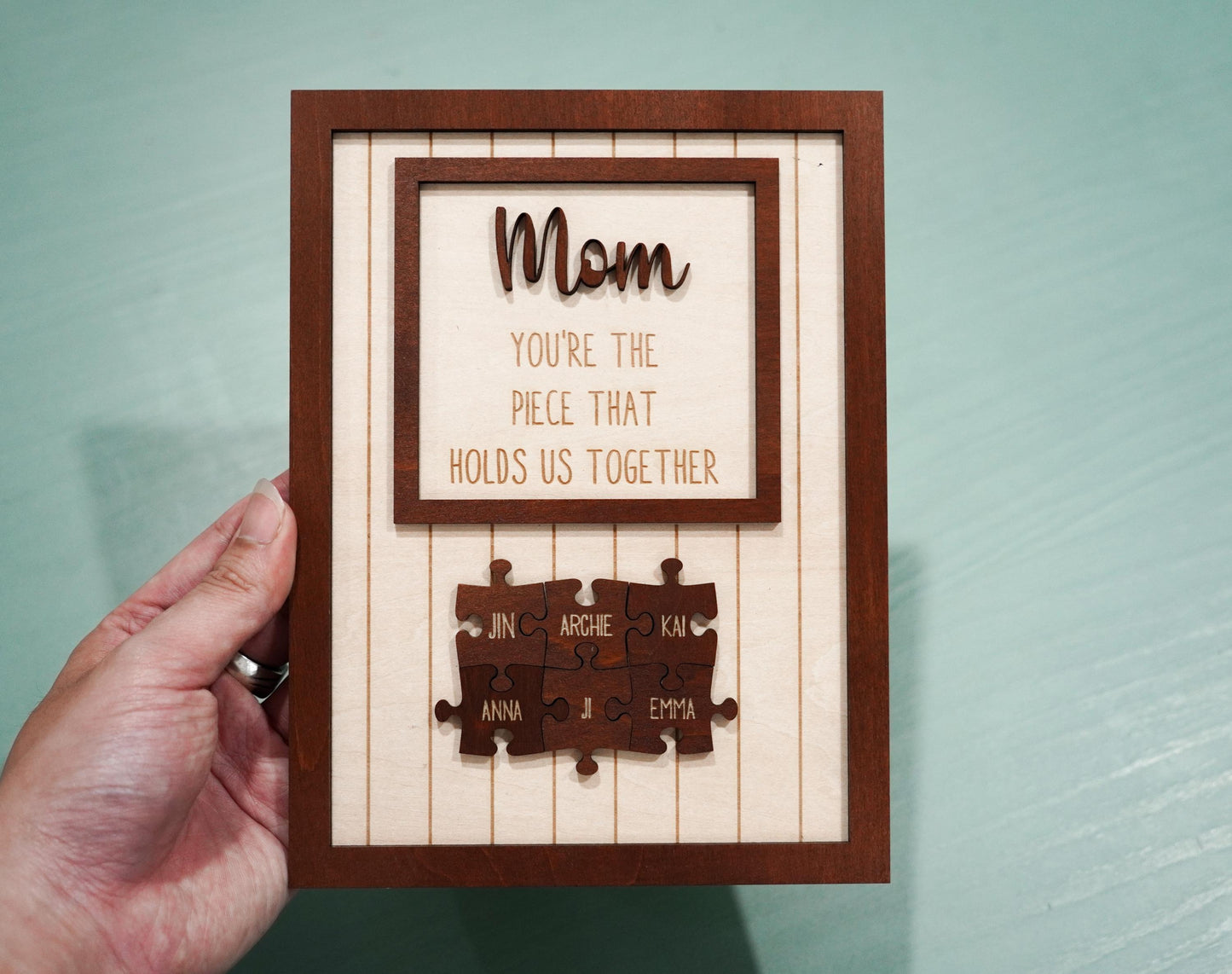 Netecom Personalized Mom Puzzle Wooden Frame Piece That Holds Us Together Sign Mother’s Day Gift for Mom Custom Family Name Keepsake