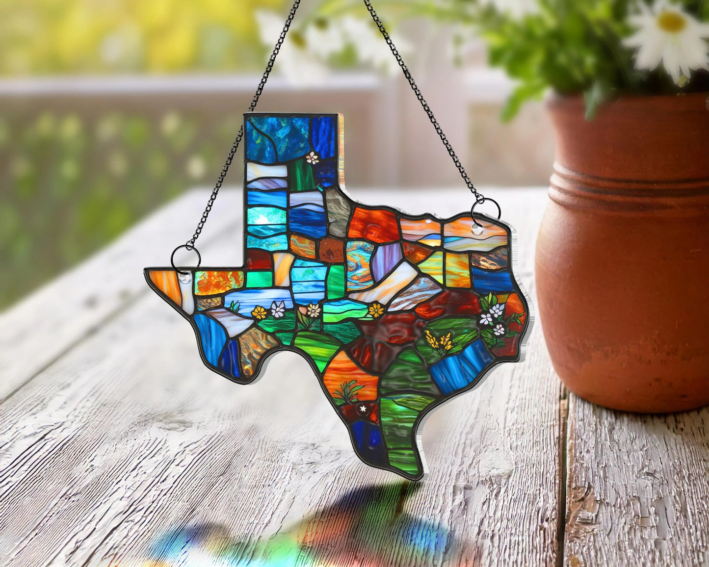 Netecom Custom Texas Suncatcher – Northern Mockingbird & Bluebonnet Window Hanging, Texas State Map Decorative Home Gift for Women Men Mom