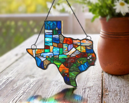 Netecom Custom Texas Suncatcher – Northern Mockingbird & Bluebonnet Window Hanging, Texas State Map Decorative Home Gift for Women Men Mom
