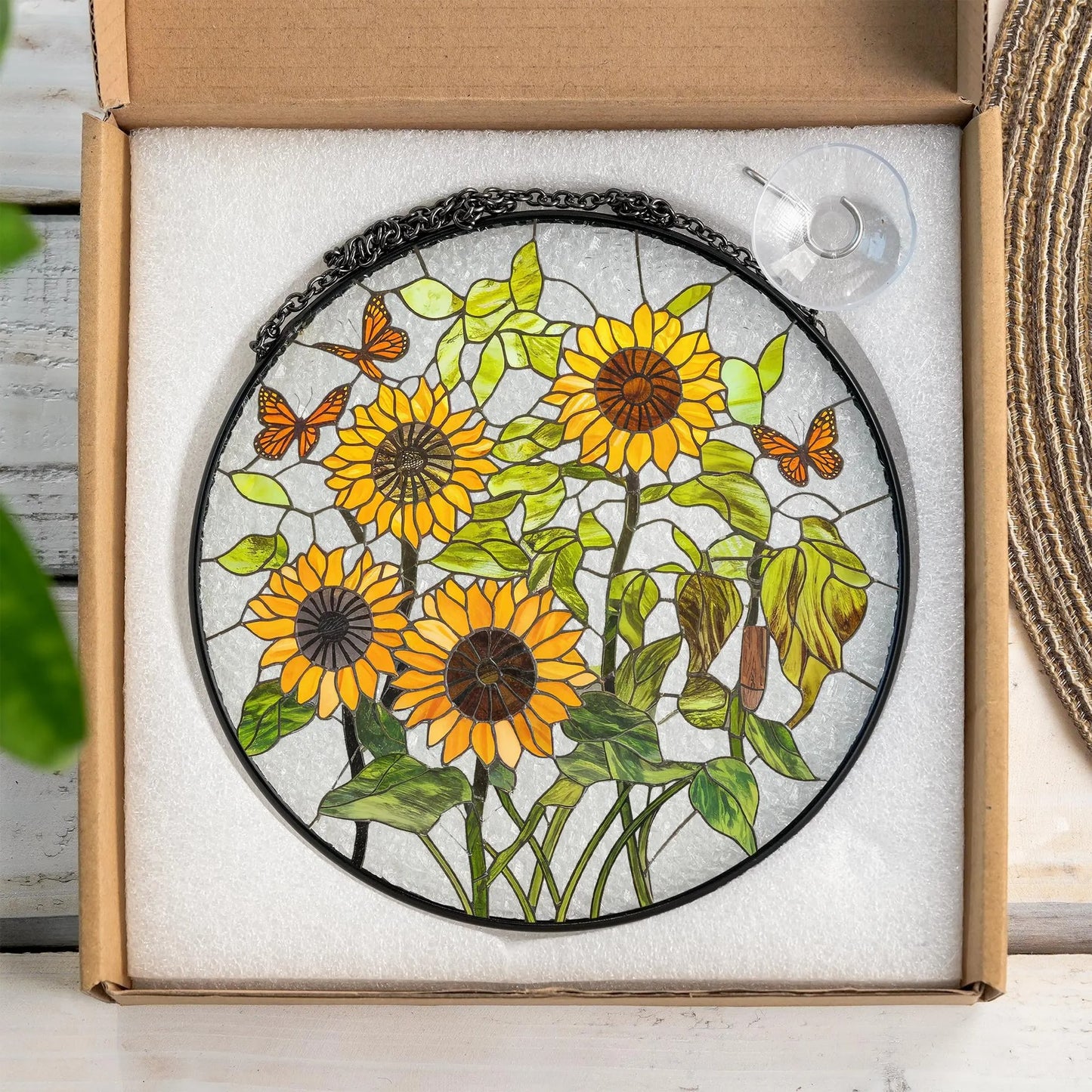 Netecom 8" Sunflower Stained Glass Suncatcher – Floral Window Hanging Decor, Sunflower Ornament Gift for Home and Garden Lovers