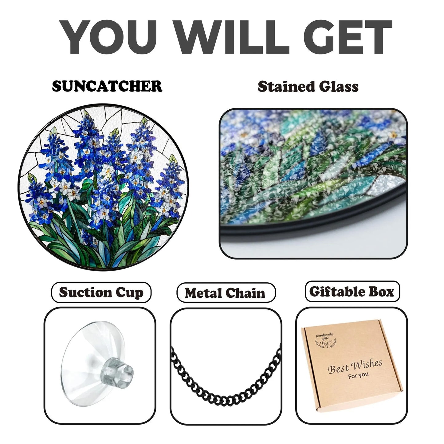 Netecom Blue Wildflower Stained Glass Suncatcher – Round Window Hanging Decor, Floral Sun Catcher Gift for Mom Grandma