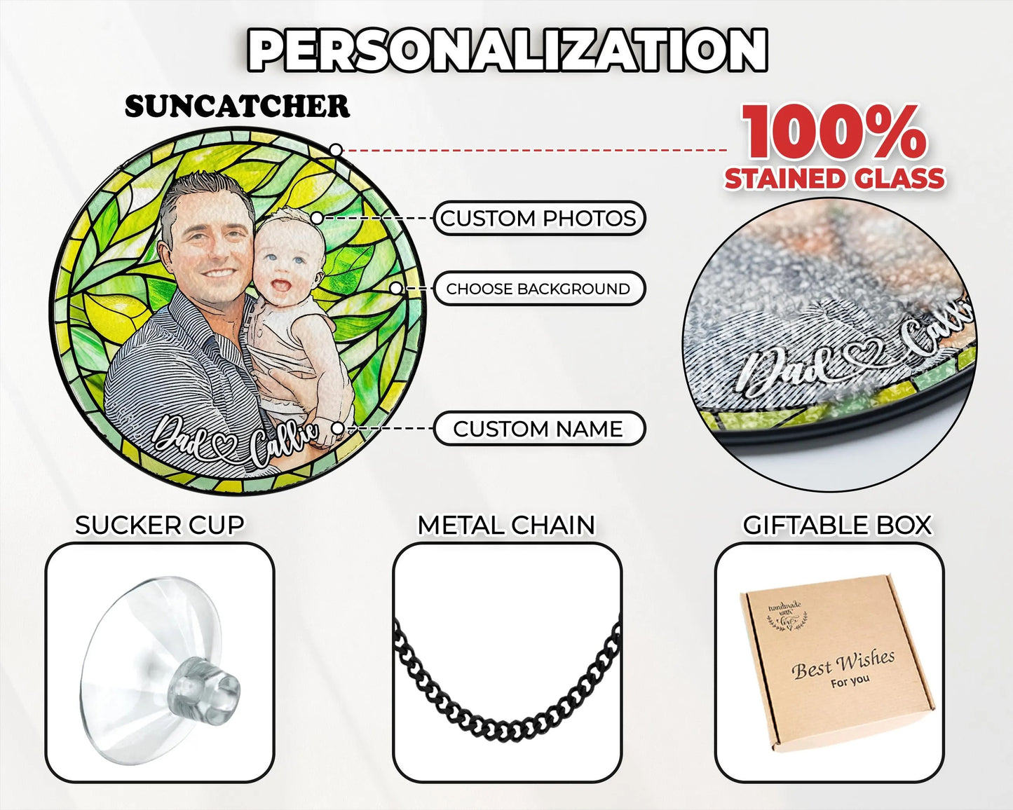 Netecom Personalized Family Photo Stained Glass Suncatcher – Custom Family Portrait Window Hanging Gift for Mom Dad Grandma Christmas Couple Portrait