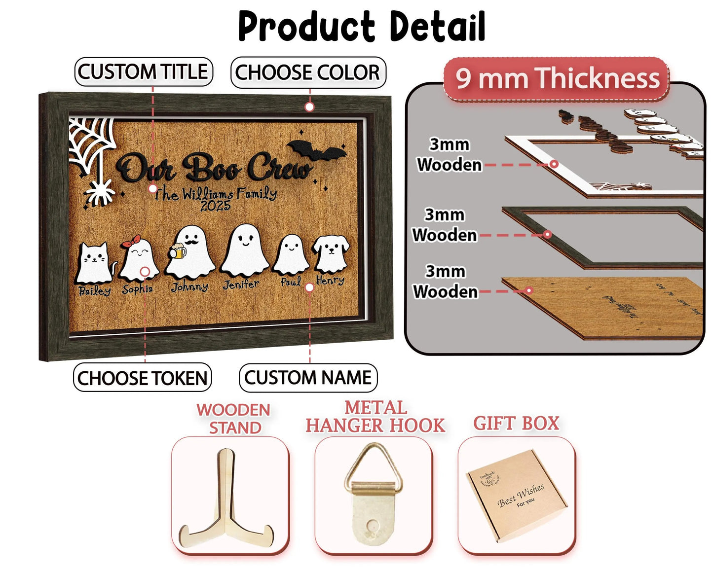 Netecom Personalized Ghost Family Halloween Wood Sign Our Boo Crew Custom Name Decor Spooky Home Wall Art Cute Holiday Keepsake