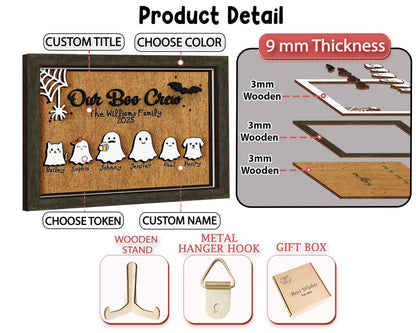 Netecom Personalized Ghost Family Halloween Wood Sign Our Boo Crew Custom Name Decor Spooky Home Wall Art Cute Holiday Keepsake