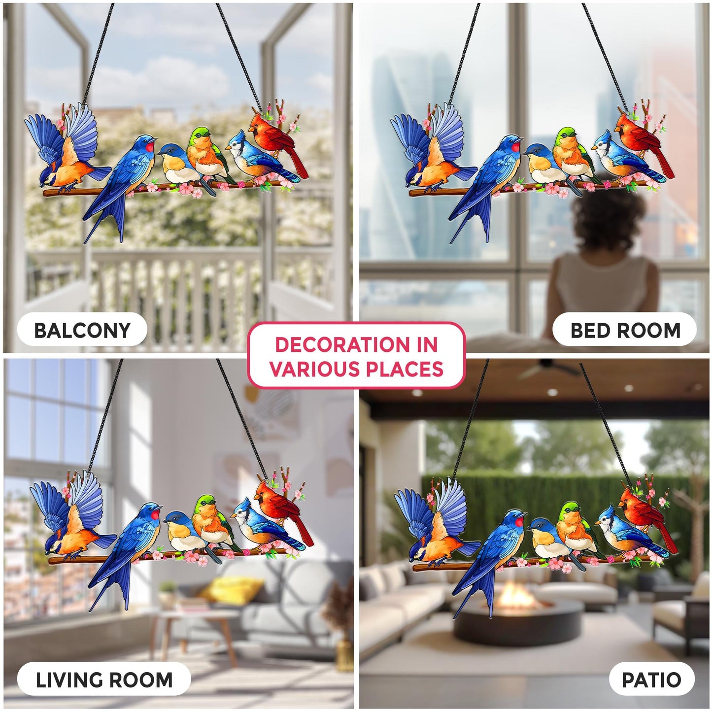 Netecom Colorful Bird Acrylic Suncatcher – Faux Stained Glass Window Hanging, Rainbow Bird Ornament for Nature and Bird Lovers