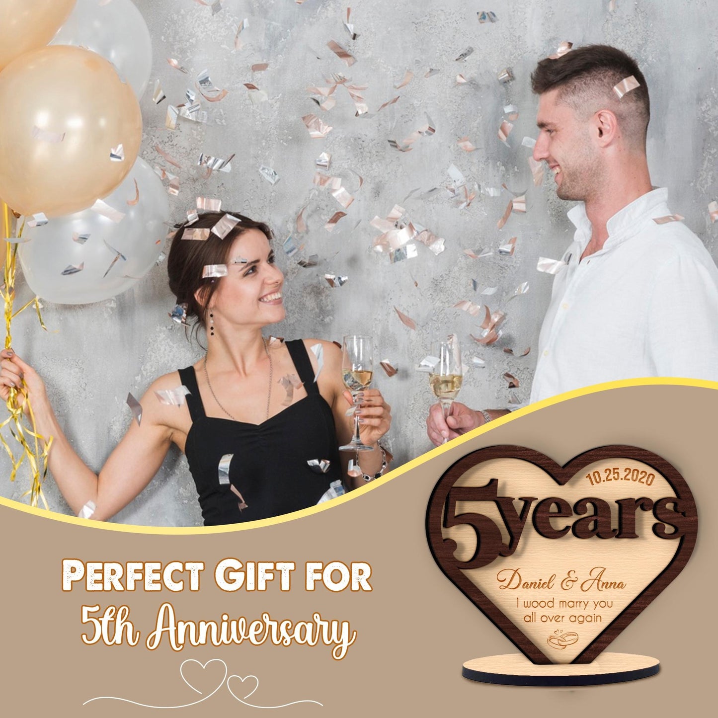 Netecom Personalized 5th Anniversary Gift Custom "I Wood Marry You Again" Wood Sign for Husband Wife 5 Year Wedding Keepsake