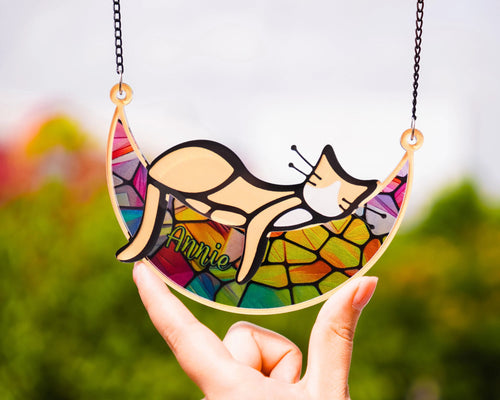Netecom Custom Sleeping Cat Memorial Suncatcher – Personalized Pet Remembrance Gift for Cat Lovers, Cat Loss Tribute, Pet Memorial, Dog Lover Keepsake