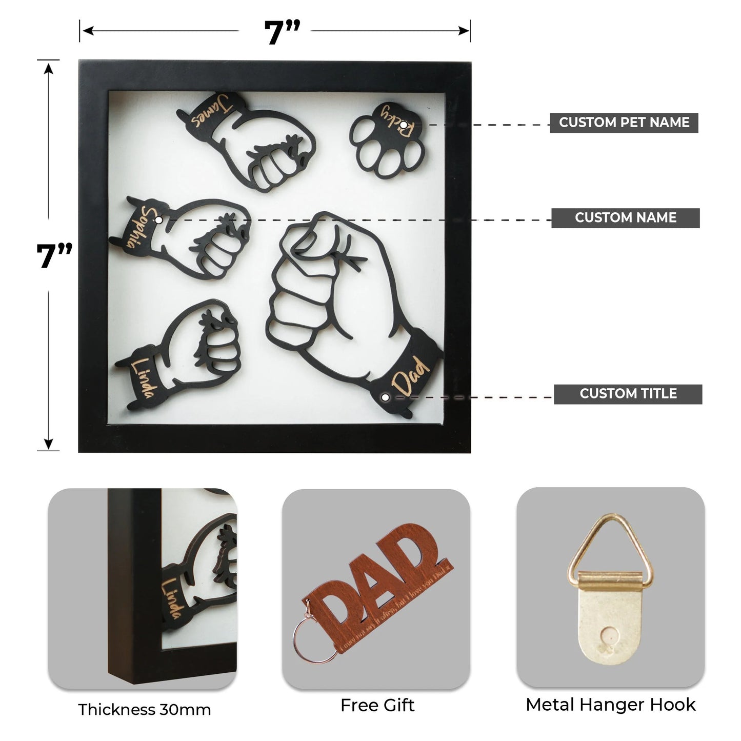 Netecom Personalized Fist Bump Dad Frame Custom Kids Names Sign Father’s Day Birthday Gift for Dad Grandpa Wooden Family Keepsake