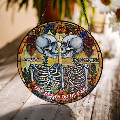 Netecom Couple Skeleton Stained Glass Suncatcher – Dark Romance Gothic Wedding Gift, Till Death Do Us Part, Valentine’s Day & Anniversary Gift for Him Her