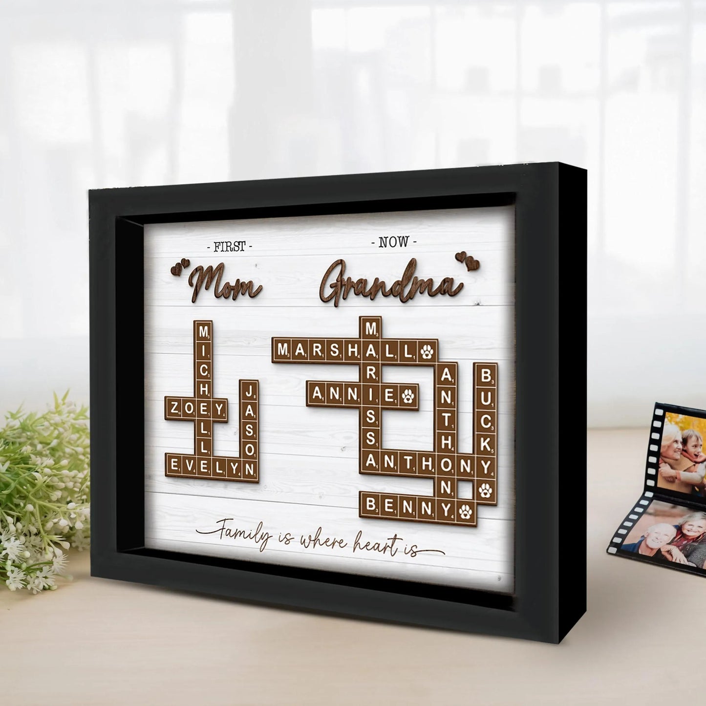 Netecom First Mom Now Grandma Scrabble Puzzle Personalized Frame Grandkids Name Keepsake Mother's Day Gift Grandma Crossword Frame