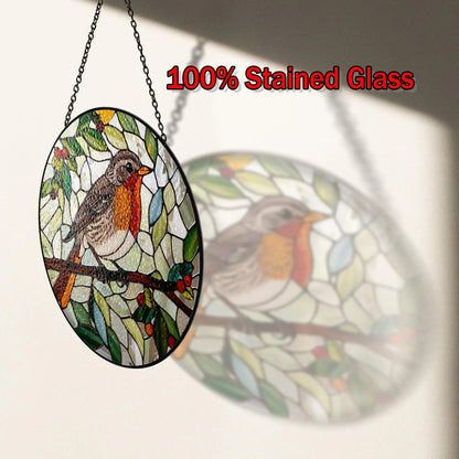 Netecom Robin Bird Stained Glass Suncatcher – Round Window Hanging Decor, Garden Lovers, Nature Bird Art Gift for Mom Grandma