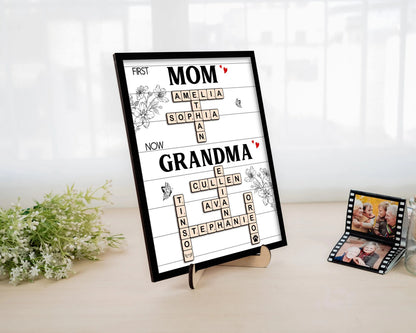 Netecom Personalized First Mom Now Grandma Crossword Puzzle Frame Family Name Scrabble Sign Custom Gift for Mom Grandkids Name Keepsake Mother's Day Gift