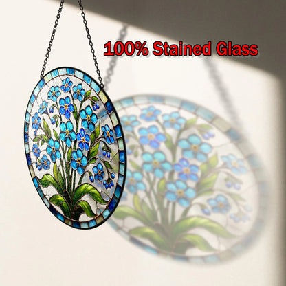 Netecom Forget-Me-Not Stained Glass Suncatcher – Blue Floral Window Hanging, Boho Nature-Inspired Art, Botanical Glass Ornament