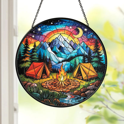 Netecom Starry Camp Fire Stained Glass Suncatcher - Adventure Begins, Seek Adventure, Camping & Travel Gift, Vacation Decor, Gift for Adventure Lovers