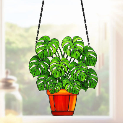 Netecom Monstera Leaves Acrylic Suncatcher – Faux Stained Glass Window Hanging Decor, Plant Lover Gift, Monstera Home, Garden Decor for Men Women